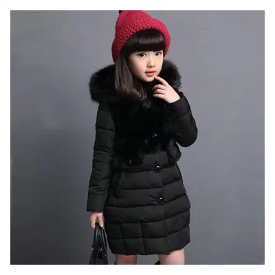 (black, 150) Girls Fall And Winter Thickened Warm Button Long Warm Jacket Lined With Cotton Wint