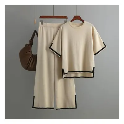 (apricot, OneSize) Women Temperament Contrast Color Split Short Sleeve Knitwea High Waist Slim W