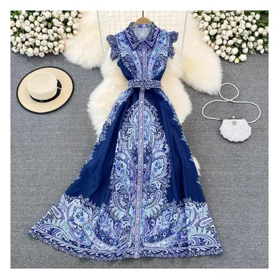 (blue, S) Rugod Retro Spring Autumn Temperament Single Breasted Lapel Print Dress Elegant A-line