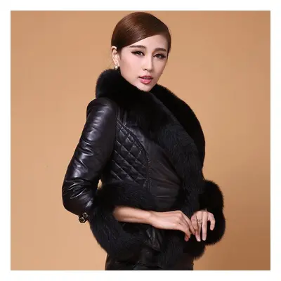 (black, XL) Scione Faux Fox Fur Collar Leather Slim Pu Leather Women Plus Cotton Jacket Fashion 