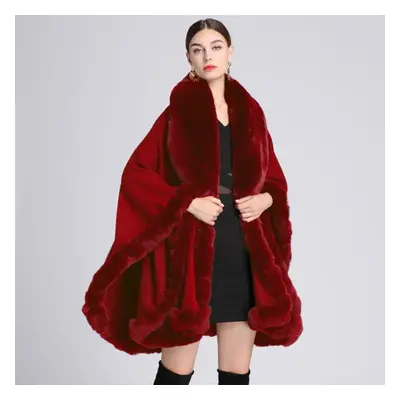 (red, One size) Elegant V Lapel Faux Rex Rabbit Fur Coat Cape Winter Women Big Long Shawl Full T