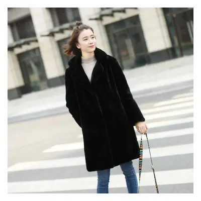 (black, L) Women Mink Faux Fur Coat Solid Female Turn Down Collar Winter Warm Fake Fur Lady Coat