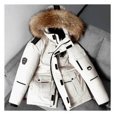 (white, XXXL) Winter Jacket Men Parkas Thicken Warm Coat Mens Fur Hooded Jacket Solid Color Park