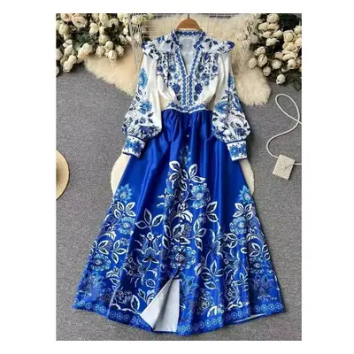 (blue, S) Autumn Vintage Flower Maxi Dress Women&apos;s Lantern Long Sleeve V Neck Single-breast