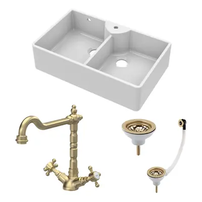 Fireclay Kitchen Bundle - Double Bowl Tap Hole Butler Sink & Tap Hole, Wastes & Classic Tap, 895