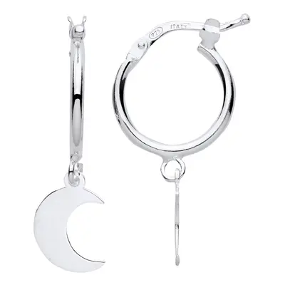 Jewelco London Ladies Rhodium Plated Sterling Silver Hanging Crescent Moon Charm Hoop Drop Earri