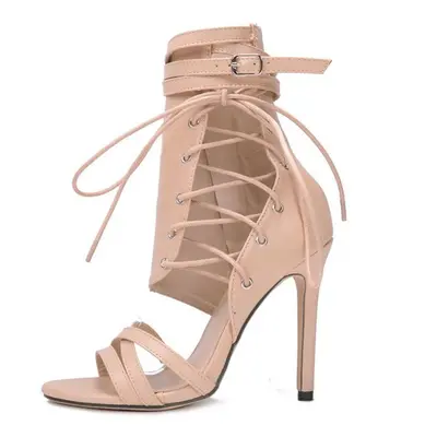 (almond, 38) New Large Size High-heeled Strap Buckle Sandals Boots Roman Fashion Sexy Female Boo