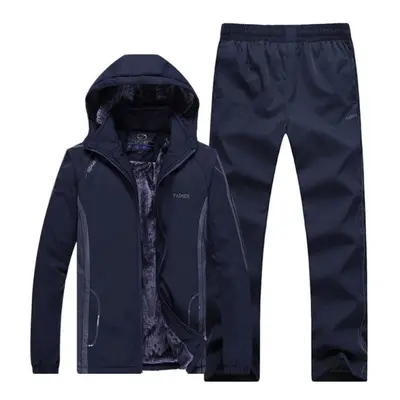 (ultramarine blue, L) Autumn And Winter Men&apos;s Plus Velvet Thick Warm Hooded Sports Suit Out