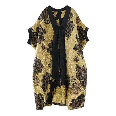 (yellow, One Size) Xitao Bat Wing Sleeve Trench Flowers Women Yellow Patchwork Vintage Loose Coa