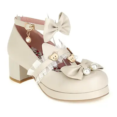 (beige, 37) Women Shoes Plus Size Lace Bow Buckle Cute Lolita Girls Shoes Cartoon Bear Pearl Mar