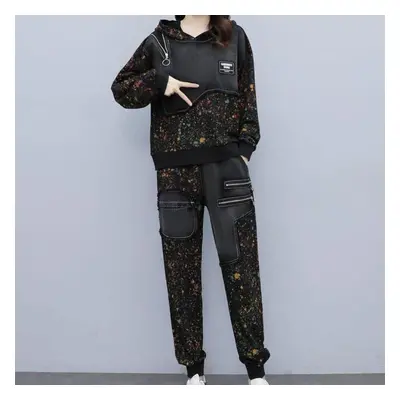 (multicolor, XL) Loose Large Size Denim Suit Women&apos;s Denim Women&apos;s Two-piece Long-slee