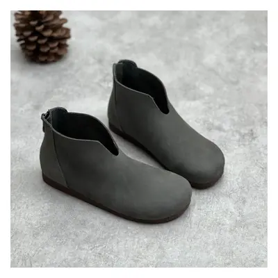 (gray, 36) Johnature Retro Handmade Genuine Leather Flat Short Boots Round Toe Soft Sole Casual 