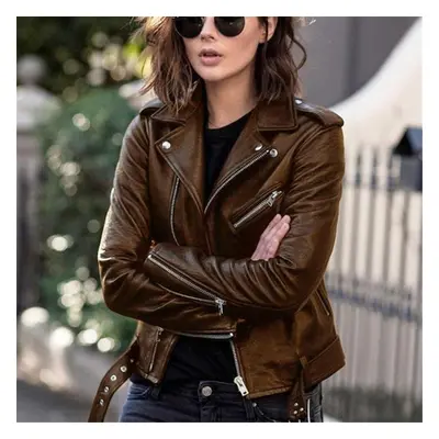 (brown, 5XL) Women&apos;s Fashion Short Leather Jacket Pu Motorcycle Clothing Slim Slim Leather 