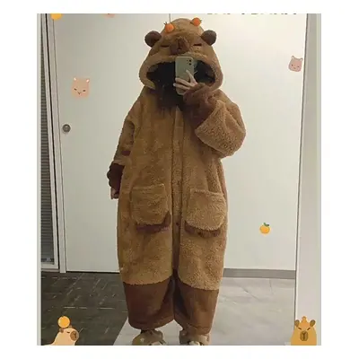 (brown, M) Women Men Adult Capybara Cosplay Costume Robes Kigurumi Onesie Nightgown Halloween Ca