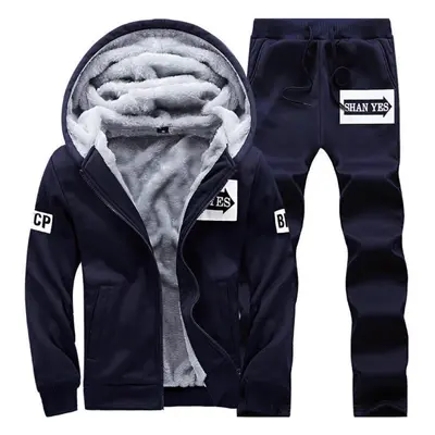 (ultramarine blue, S) Men&apos;s Winter Warm Fleece Sports Tracksuit Male Hooded And Sweatpant S