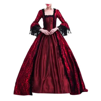 (wine, XL) Women Retro Party Princess Cosplay Lace Floor Length Dress