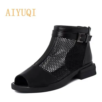 (black, 36) Sandals Women Hollow Summer Genuine Leather Mesh Women Sandals Open Toe Large Size L