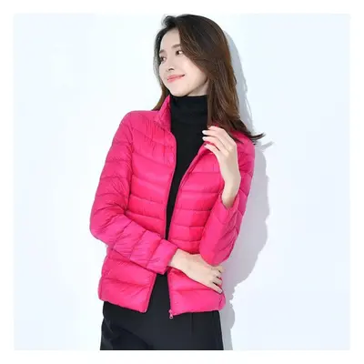 (rose red, L) Women&apos;s Down Jacket Winter Short Hooded Warm Slim Fashion Solid Color Jacket