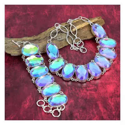 (white, Adjustable With 8"-18") Mystic Topaz Gemstone Solid Sterling Silver Necklace & Bracelet 