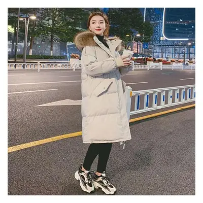 (beige, M) Down Jacket Winter Korean Fashion Big Fur Collar Mid-length Hooded Thick Warm Large S