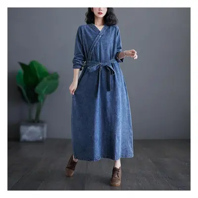 (blue, L) Dimanaf Plus Size Spring Women Denim Dress Cotton Casual Vintage Belt Loose Oversized 