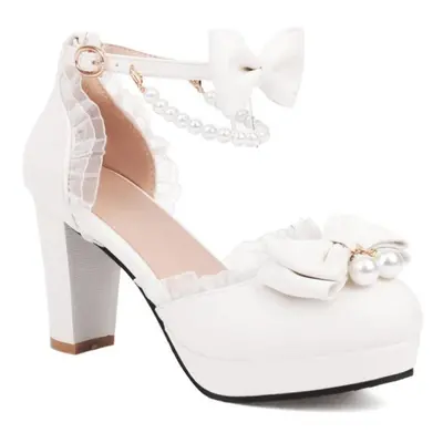 (white, 39) Ankle Strap Two-piece Lolita Pump Round Toe Platform Kawaii Thick High Heel Bow Buck