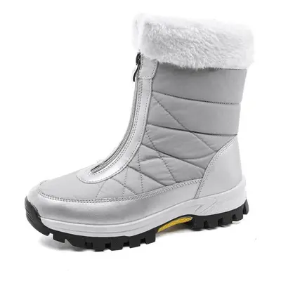 (light gray, 42) Women Winter Plus Velvet Snow Boots Casual Pu Canvas Lace Up Warm Outdoor Cotto