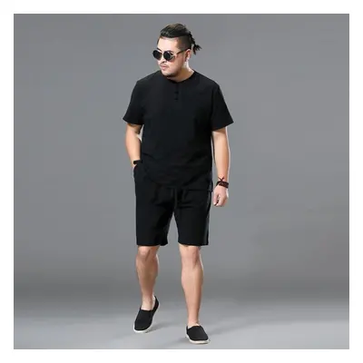 (black, XXXL) Men&apos;s Clothing Large Size Tracksuit Linen Short T-shirt Summer Suit Plus Size