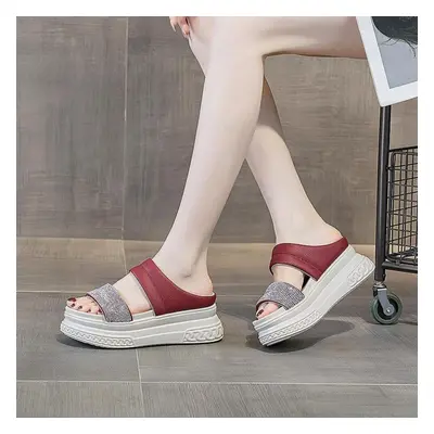 (red, 40) Fujin 7cm Rhinestone Genuine Leather Women Summer Peep Toe Platform Wedge Sandals High