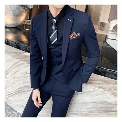 (navy blue, Asia 4XL 81-85kg) Men Business Two Pieces Suits /male Slim Fit Beige Groom&apos;s We