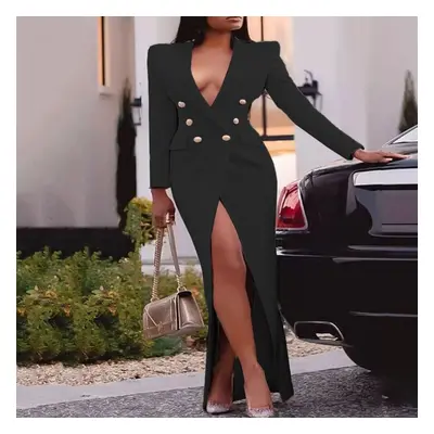 (black, S) Elegant Women Blazer Dress Suits Long Sleeve Buttons Wrap Maxi Jacket Coat Classy Fas