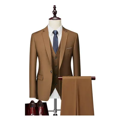 (khaki, 175-L) Men&apos;s Three Piece Business Suits Gentlemen Wedding Bridegroom Party Solid Co