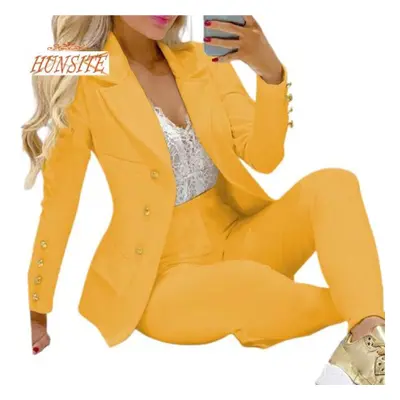 (yellow, XL) Pcs/set Lady Business Suit Turn-down Collar Solid Color High Waist Single-breasted 