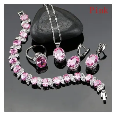 (pink, 7) Natural Silver Jewelry Red Birthstone Charm Jewelry Sets Women Earrings/pendant/neckla