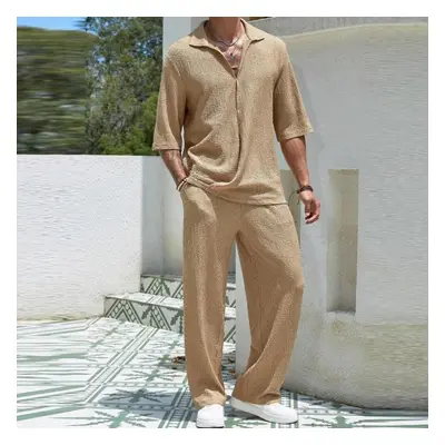 (khaki, L) Spring Summer Casual Cotton Shirts And Pants Suits Men Vintage Half Sleeve Irregular 