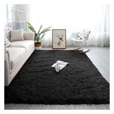 (BLACK, 160cm x 230cm (5ft 4" x 7ft 8")) Non-Slip Rugs Shaggy Fluffy Living Room Carpet Mat