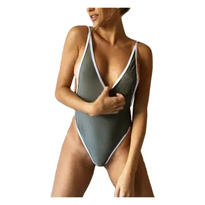 (Dark Grey, L) Women One-piece Swimsuit Plunge V Neck Solid High Cut Thong