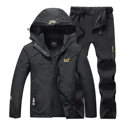 (Black, 5XL) Men Fishing Suit Set Hooded Jacket And Pants Outdoor Hiking Camping Sports Suit