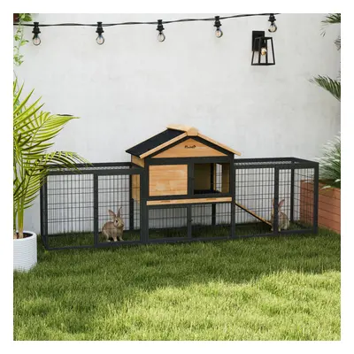 PawHut Rabbit Hutch Outdoor with Steel Run Removable Plastic Tray Natural