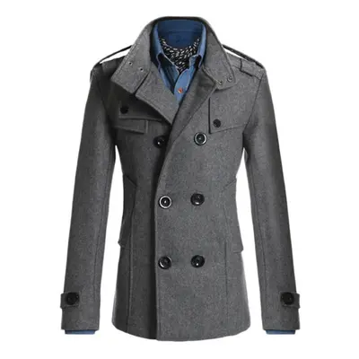 (M, Grey) Stylish Winter New Men Solid Wool Blend Coats Fashion Brand Men Long Wool Coat Double 