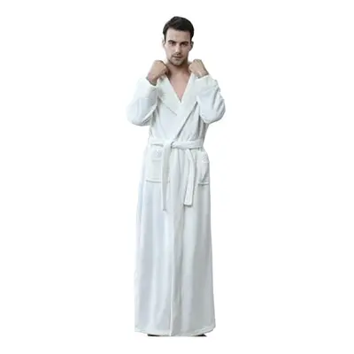 (White-Men, M) Long Warm Coral Fleece Plush Soft Winter Dressing Gown Men and Women