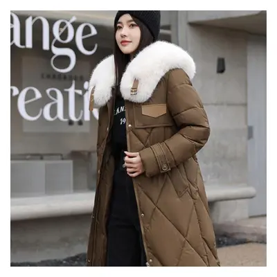 (brown, XXXL) Autumn Long Sleeve Thickened Warm Down Coats Women Outwear Casual Office Lady Long