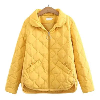 (yellow, L) Plus Size Women&apos;s Clothing Autumn/winter Lapel Coat Solid Color Long-sleeved Ja