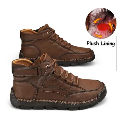 (dark brown, 42) Men&apos;s Ankle Boots Handmade Plush Shoes Casual Shoes Autumn And Winter Plus