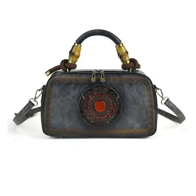 (grey) Johnature Handmade Embossed Retro Totem Women Bag Versatile Chinese Style Leather Handbag