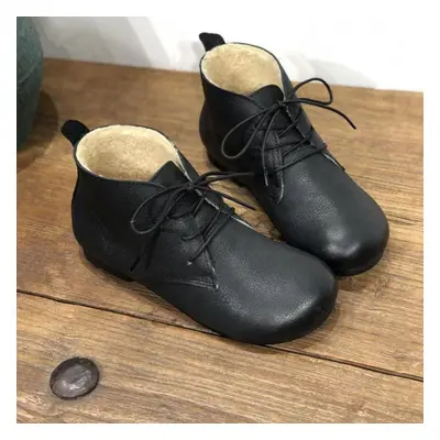 (black, 37) Johnature Genuine Leather Wool Winter Boots Women Shoes Lace-up Round Toe Flat With 