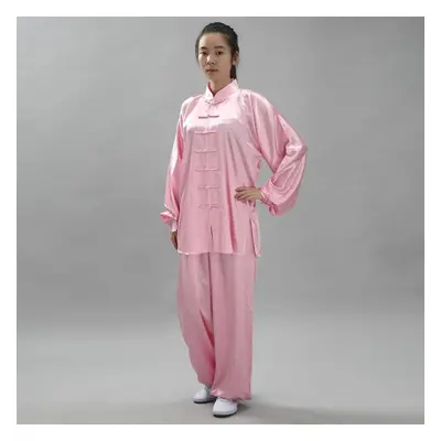 (pink, S) 2pcs/set Unisex Button Placket Shirt Loose Solid Color Chinese Traditional Tai Chi Sui