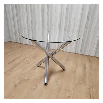 Modern Round Chrome Metal and Clear Glass Kitchen Dining Table Only