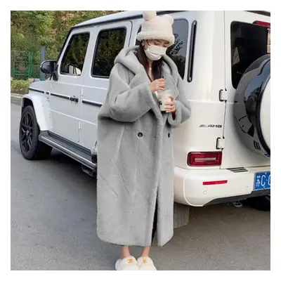 (gray, 5XL) Oversized Faux Fur Coat Women Winter Long Plush Jacket Fluffy Overcoat Female Hooded