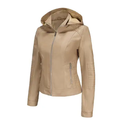 (khaki, 2XL) Women's Bomber Jackets Faux Leather Removable Hooded Short Coats Slim Pu Motorcycle